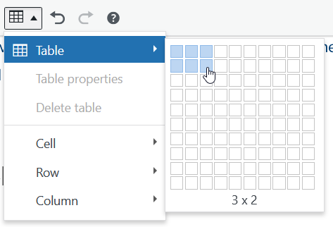 table tool menu showing the column and row selection grid