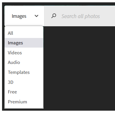 Images dropdown menu showing filters