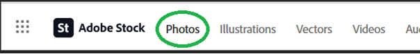 Adobe Stock main navigation menu showing Photos item marked in green