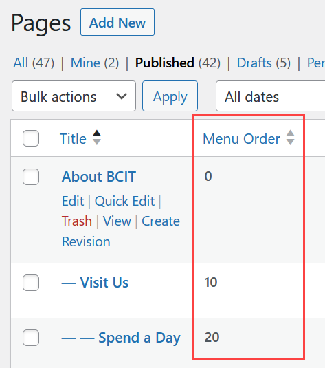 Pages listing in WordPress showing Menu Order column marked with a red rectangle