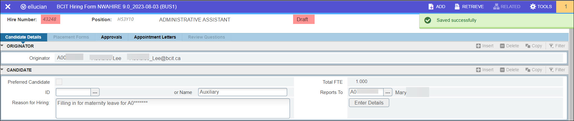 Screenshot Banner NWAHIRE Saved Successfully show Hire Number and Draft status