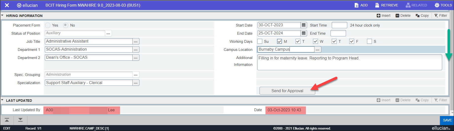 Screenshot Banner NWAHIRE Saved Successfully showing Last Updated by and Date