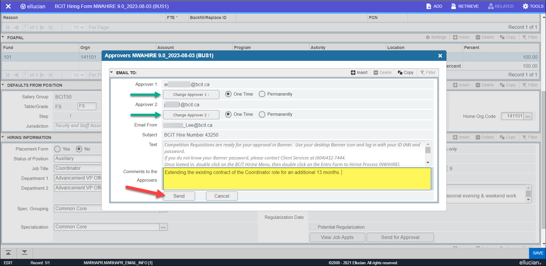 Screenshot Banner NWAHIRE Employee Extension Approvers box SEND