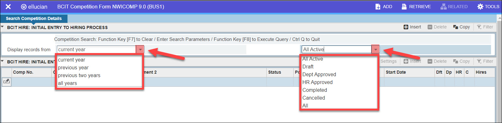 Screenshot Banner NWICOMP Search Parameters