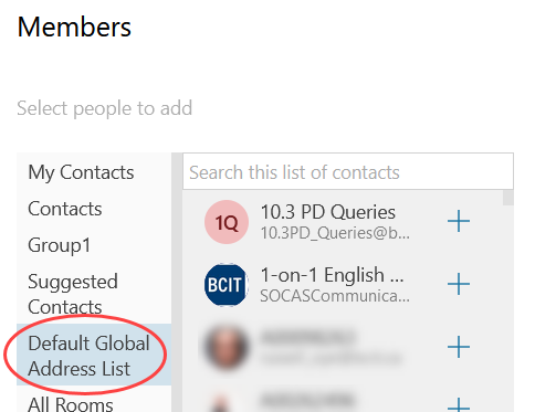 Members dialogue showing default global address list marked by a red circle