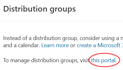 Distribute groups view showing 'this portal' link at the end of second paragraph marked by a red circle 