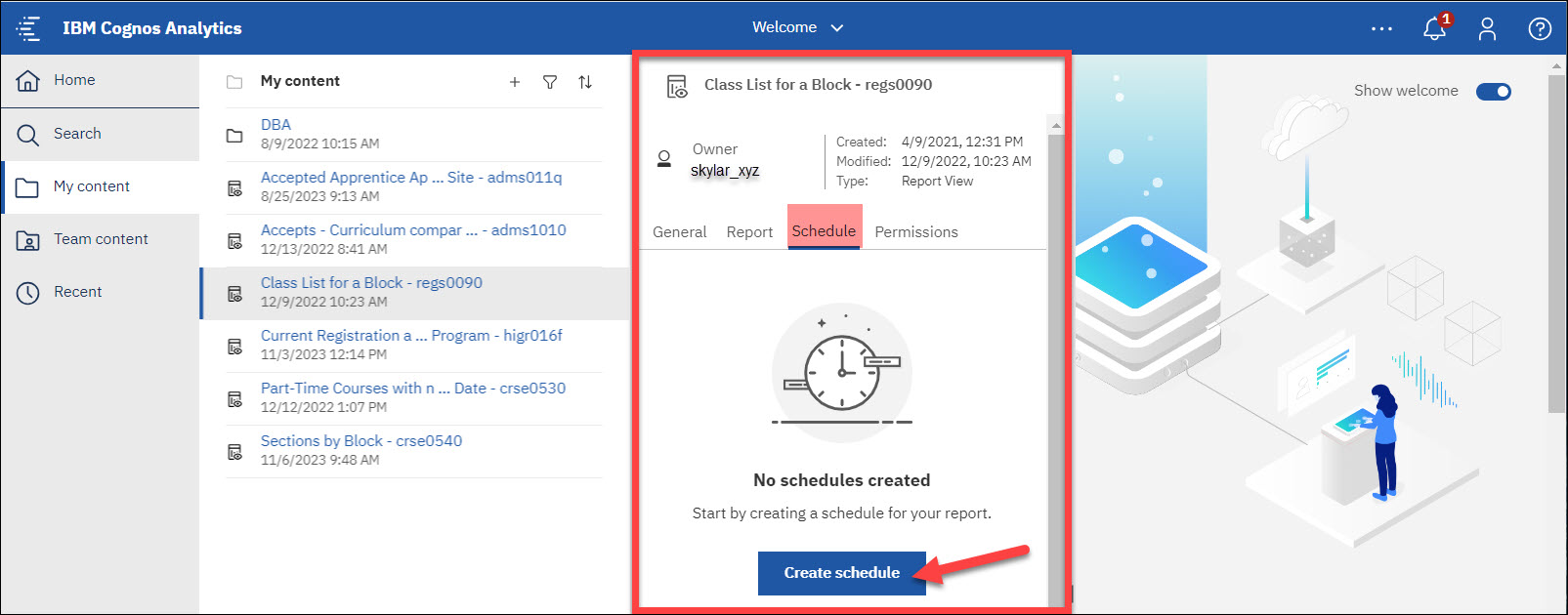 Screenshot Cognos Schedule Report and Create Schedule button