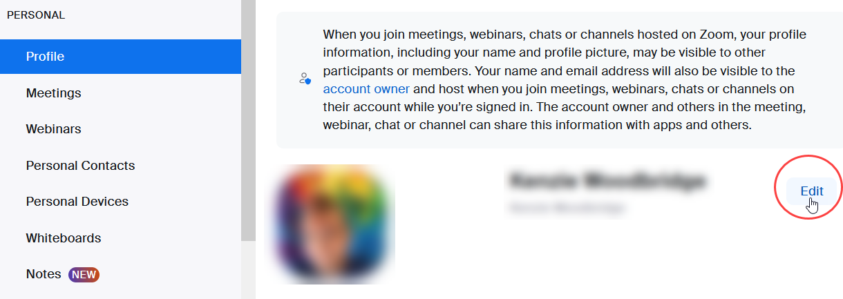 Zoom web portal showing the Edit button next to a person's name in their profile settings