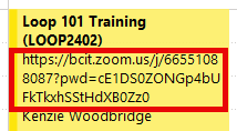 Calendar entry showing a bcit.zoom.us link marked in red