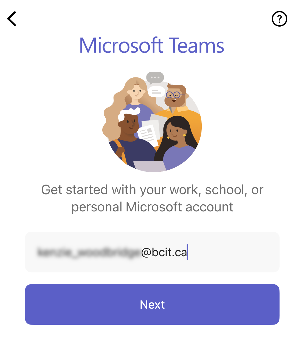 Microsoft Teams mobile login screen showing an @bcit.ca email address added and the blue Next button below it