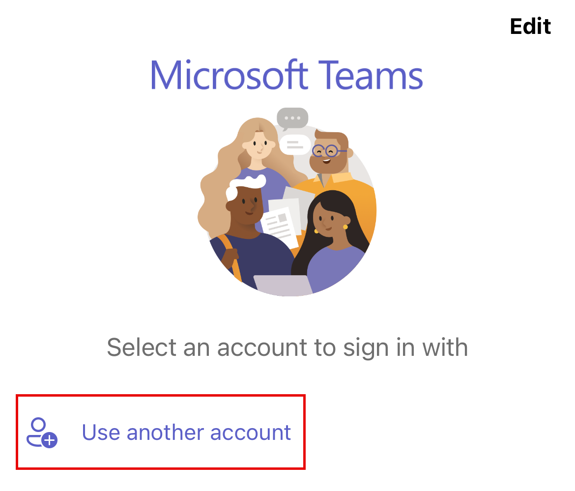 Microsoft Teams mobile login screen showing Use another account at bottom left marked in red