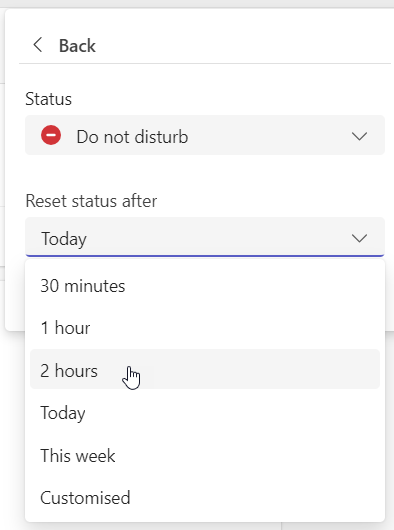 Status duration dialogue, showing options to reset status after Today, 30 minutes, 1 hour, 2 hours, etc.