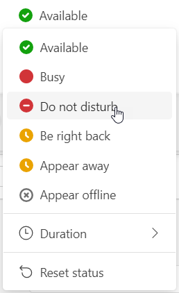 Status dropdown showing Available, Busy, Do not disturb, Be right back, Appear away, Appear offline, plus Duration and Reset Status
