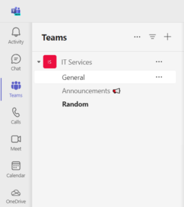 Teams interface showing IT Services team with General, Announcements, and Random channels