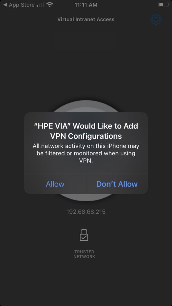 Screeen shot of the iOS VIA App asking for permission to add VIA as a VPN configuration.