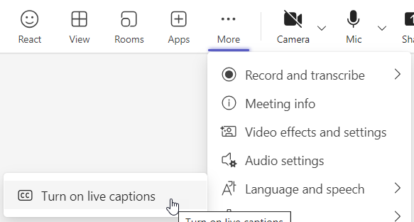 More submenu in Teams meeting toolbar showing language and speech options