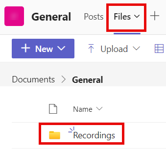 General channel Files tab showing the recordings folder