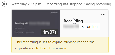 Recording notification in chat showing as a clickable link