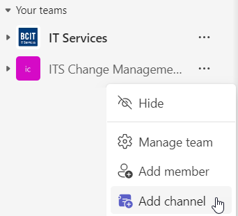 Team contextual menu showing add channel option