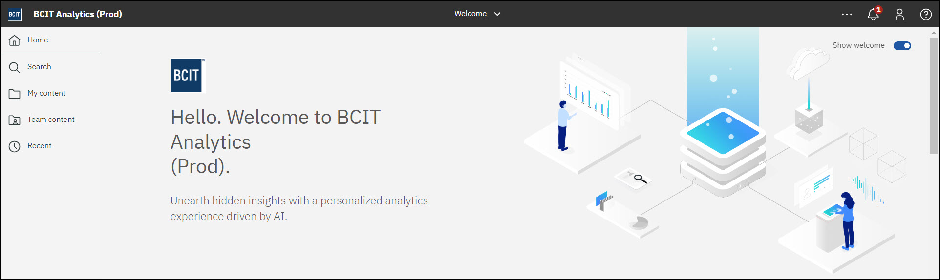 Screenshot Cognos Analytics home page