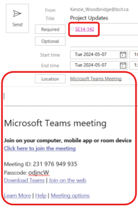 Meeting invite showing a room in the Required section and a Microsoft Teams meeting invite block in the description