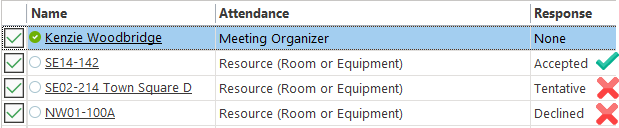 Meeting tracking screen showing that the first room has accepted, marked with a checkmark