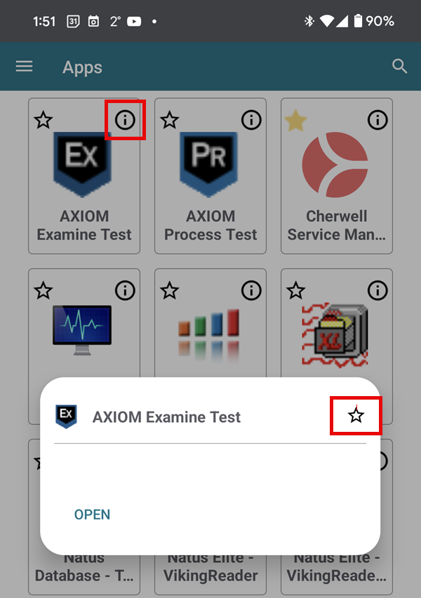 app list showing i-in-circle icon on an app icon and the star at the top right of the info pop-up both marked with a red rectangle