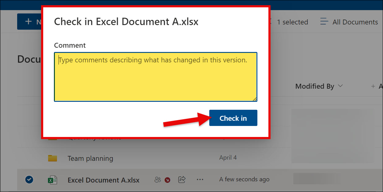 SharePoint Checking in document message box