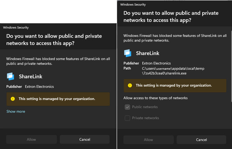 Screenshot Windows Security popup message when launching ShareLink App