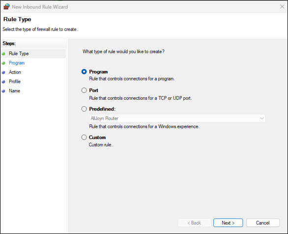 Screenshot Windows Security Create new firewall rule Box New Inbound Rule Wizard