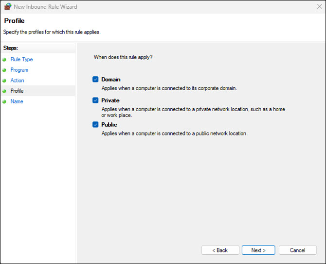 Screenshot Windows Security Create new firewall rule pop up window ensure Domain checked