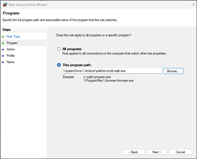 Screenshot Windows Security Create new firewall rule Select next on pop up window