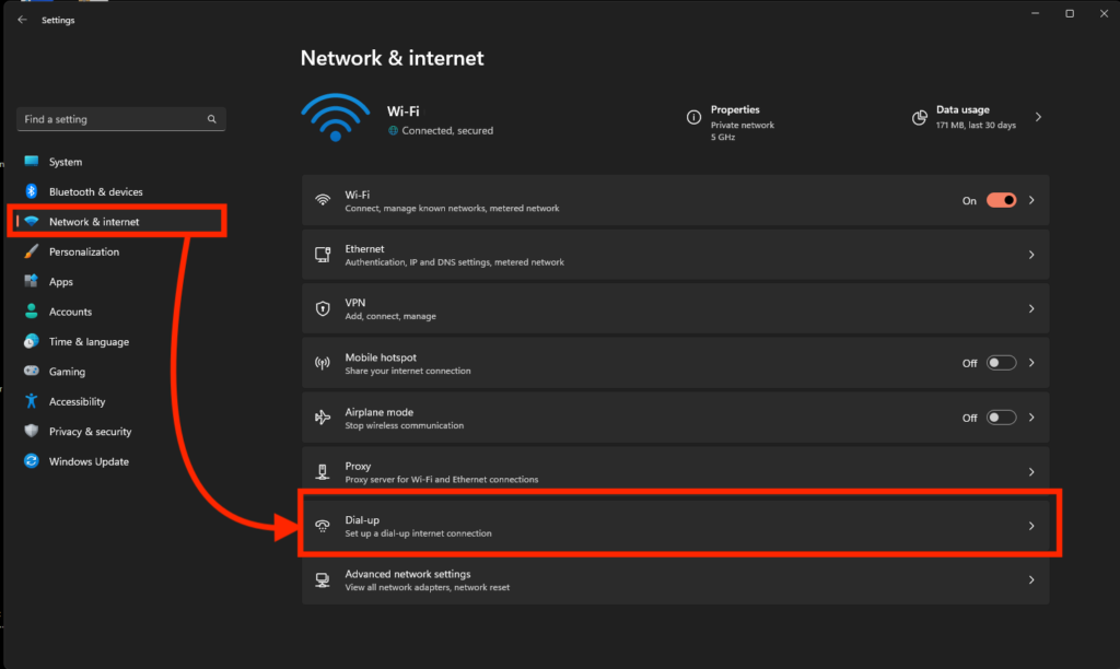 WIndows 11 Dial-up options under Network and Internet