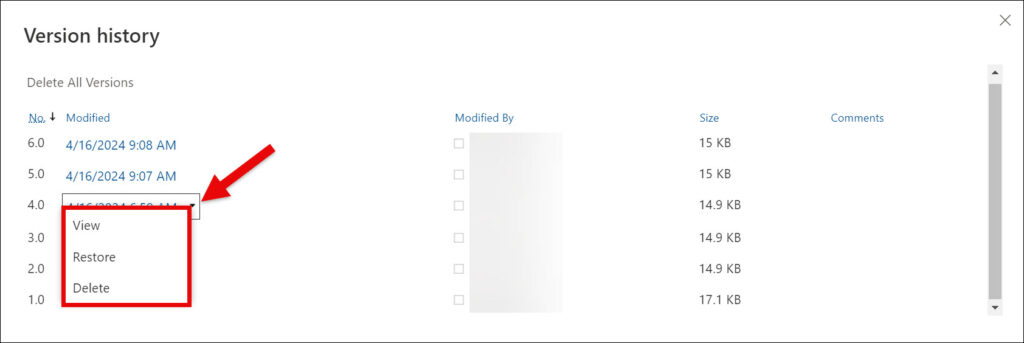 SharePoint Version history pane View Restore Delete