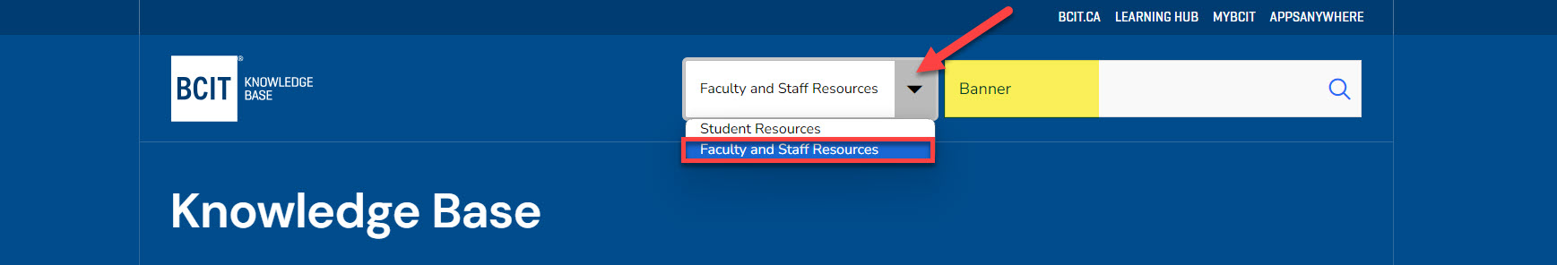 Screenshot Knowledge Base search Faculty and Staff Resources for Banner