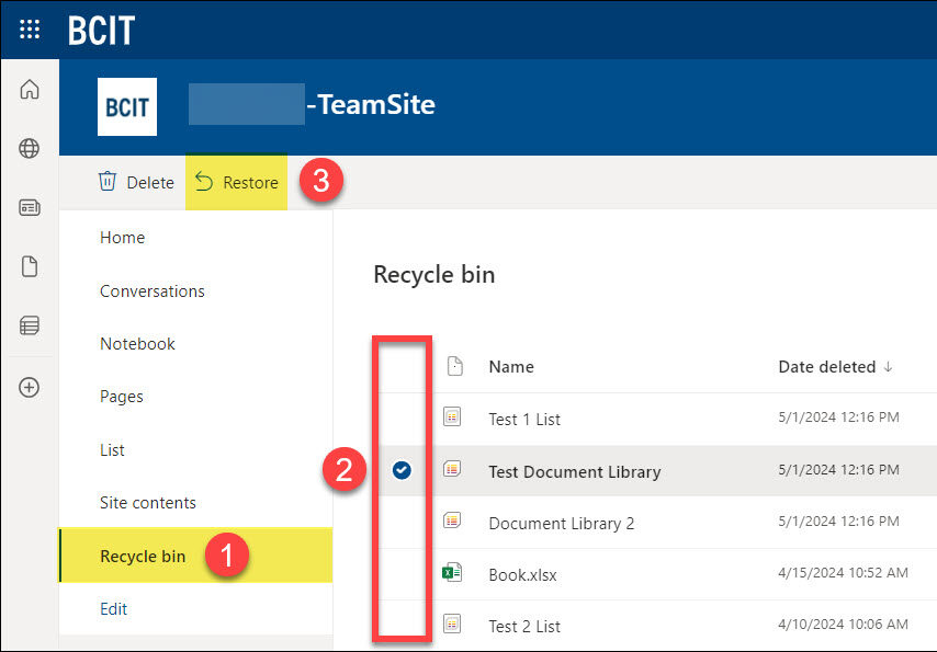 SharePoint Team Site restoring item in the Recycle Bin