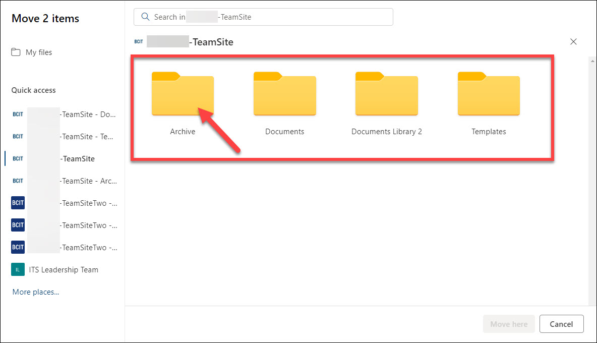 SharePoint Team Site moving files and selecting which library to move it to