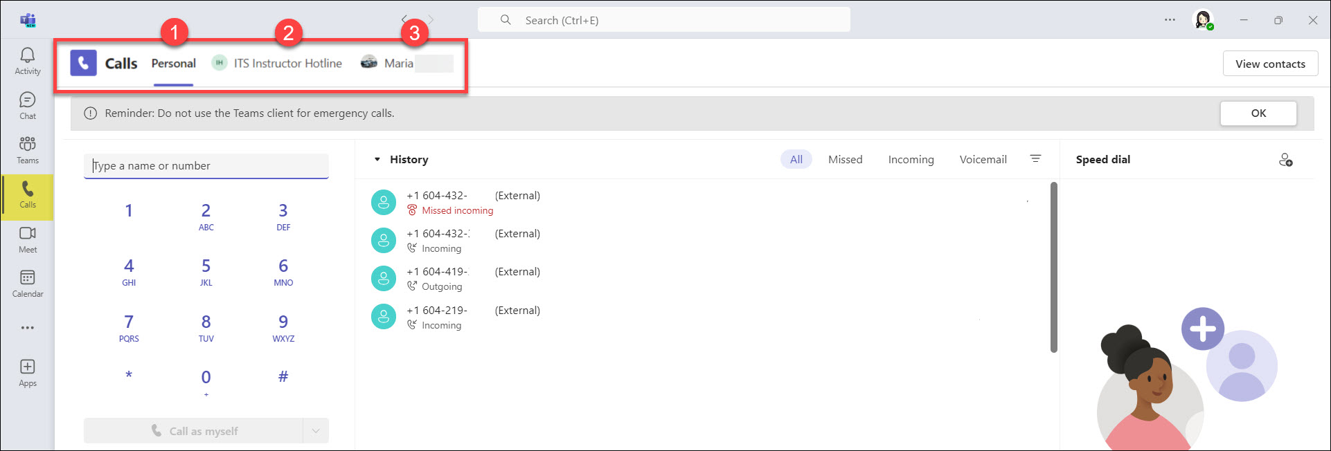 Screenshot MS Teams Phone Calls icon and seeing delegated numbers you have