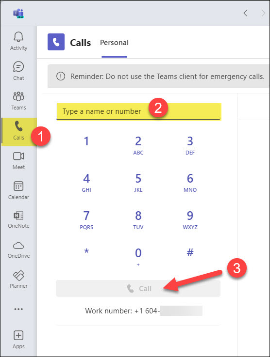 Screenshot MS Teams Phone making calls dial pad