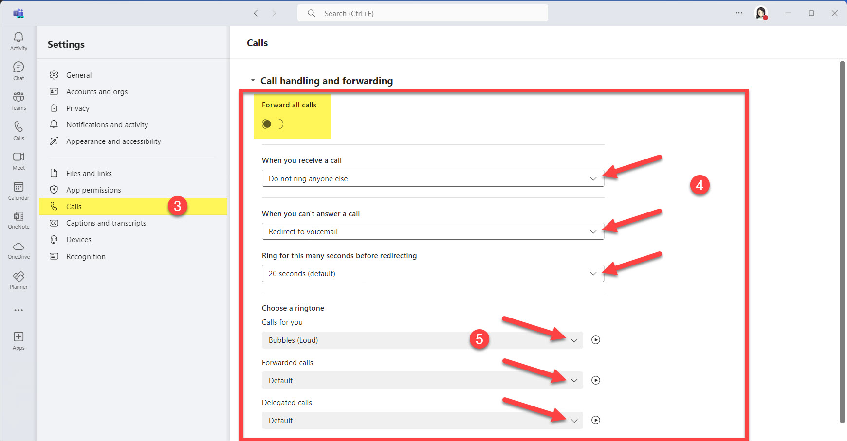 Screenshot Teams settings and Calls for Call handling and forwarding