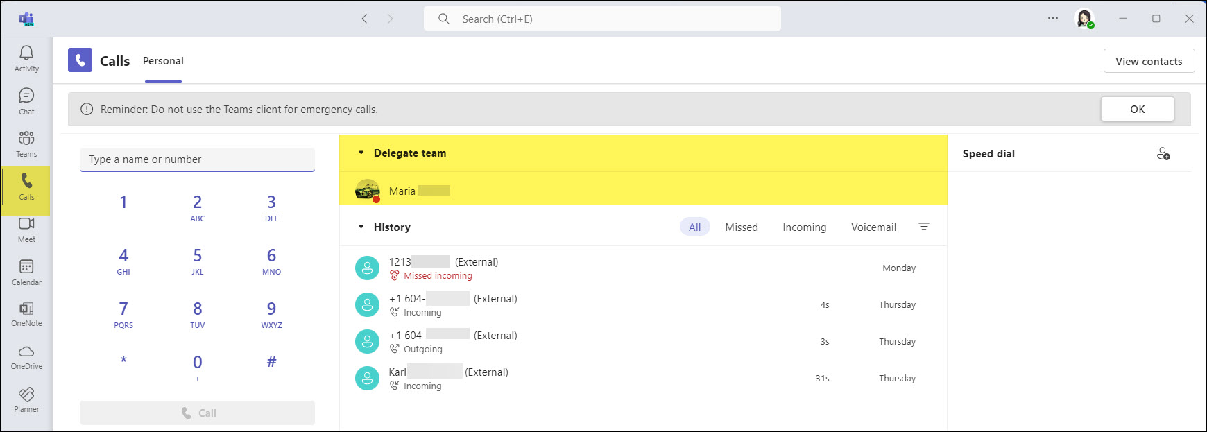 Screenshot Teams Phone delegated team member shows in my Calls icon