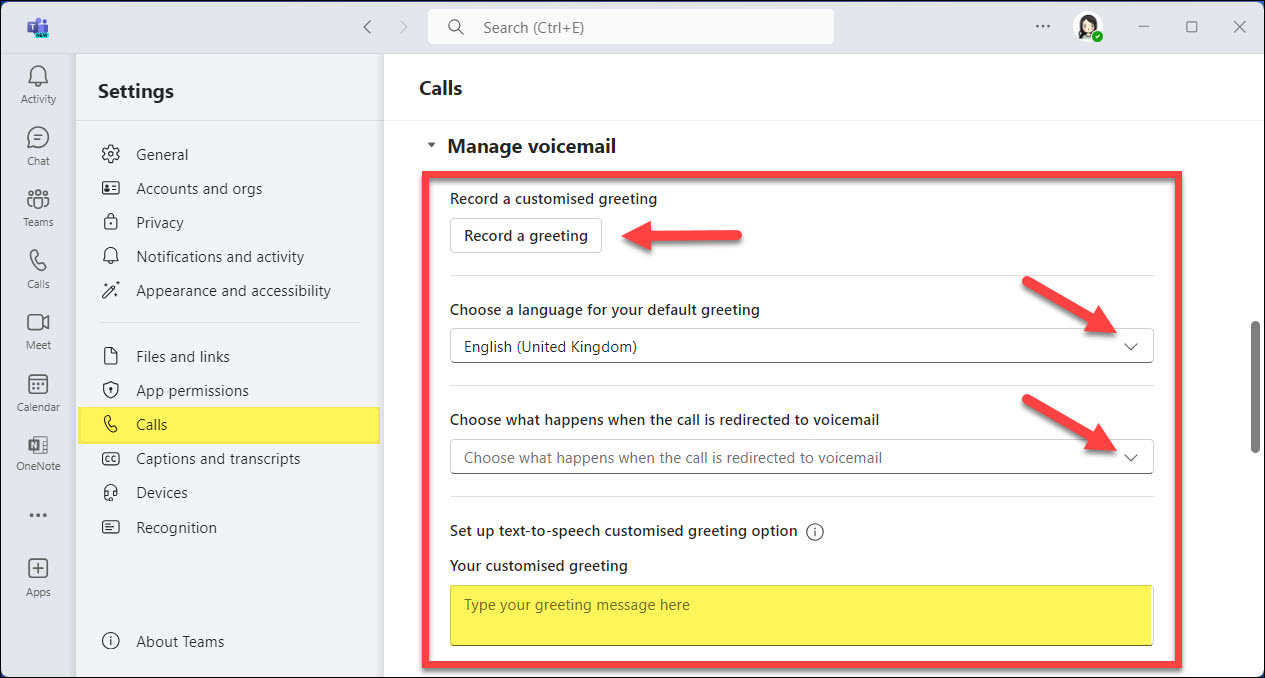 Screenshot MS Teams Phone manage voicemail and options