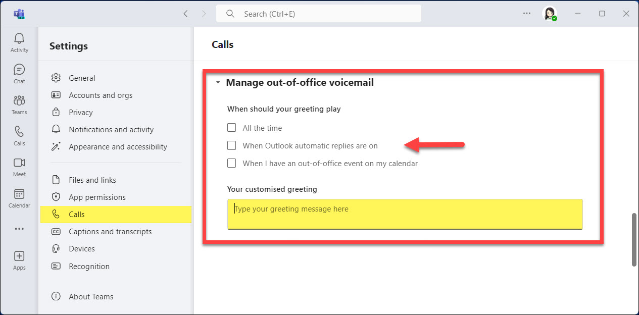 Screenshot MS Teams Phone Manage out-of-office voicemail