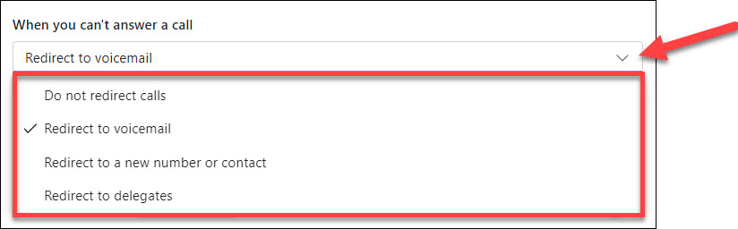 Screenshot MS Teams Phone Call forwarding and When you can't answer a call section