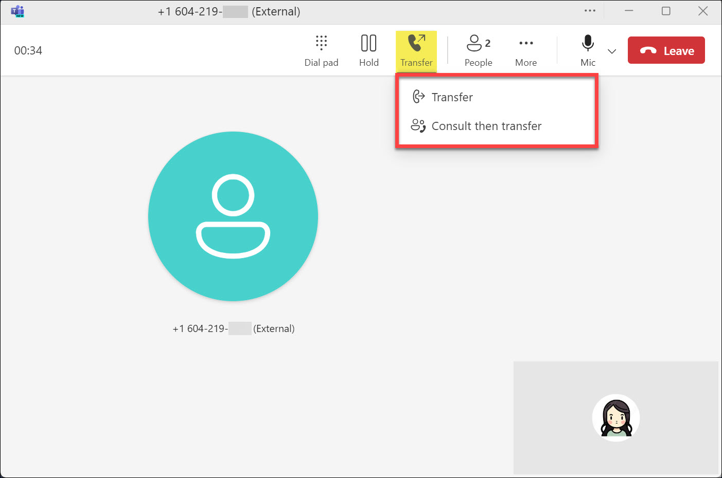 Screenshot MS Teams Phone while in call select Transfer or Consult then transfer