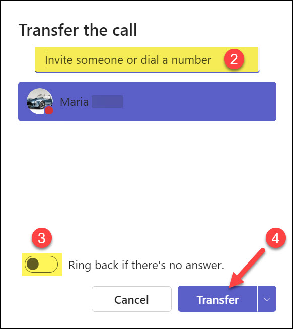 Screenshot MS Teams Phone Transfer the call window