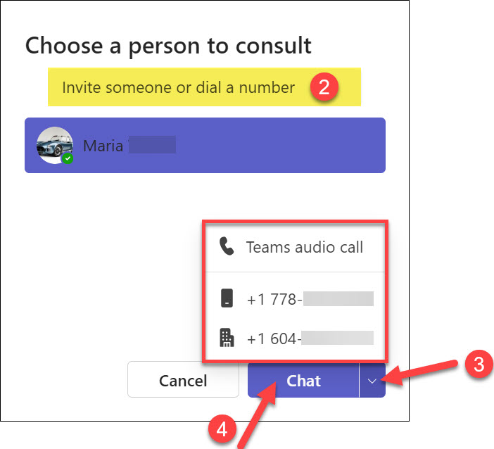 Screenshot MS Teams Phone Consult to transfer selecting a recipient