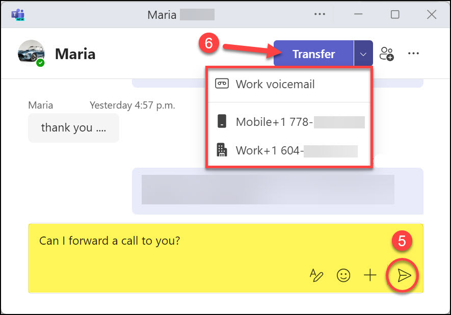 Screenshot MS Teams Phone Consult then transfer and selecting Chat