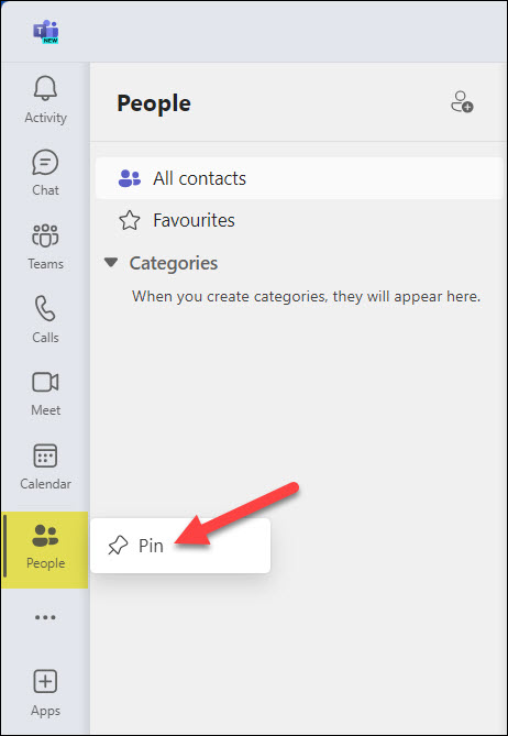 Screenshot MS Teams Pinning People app