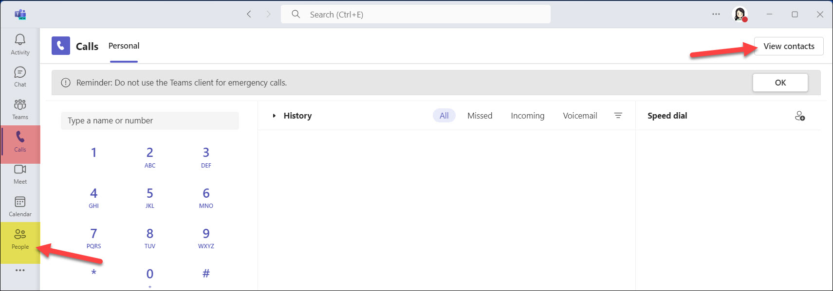 Screenshot MS Teams Phone people icon or View contacts